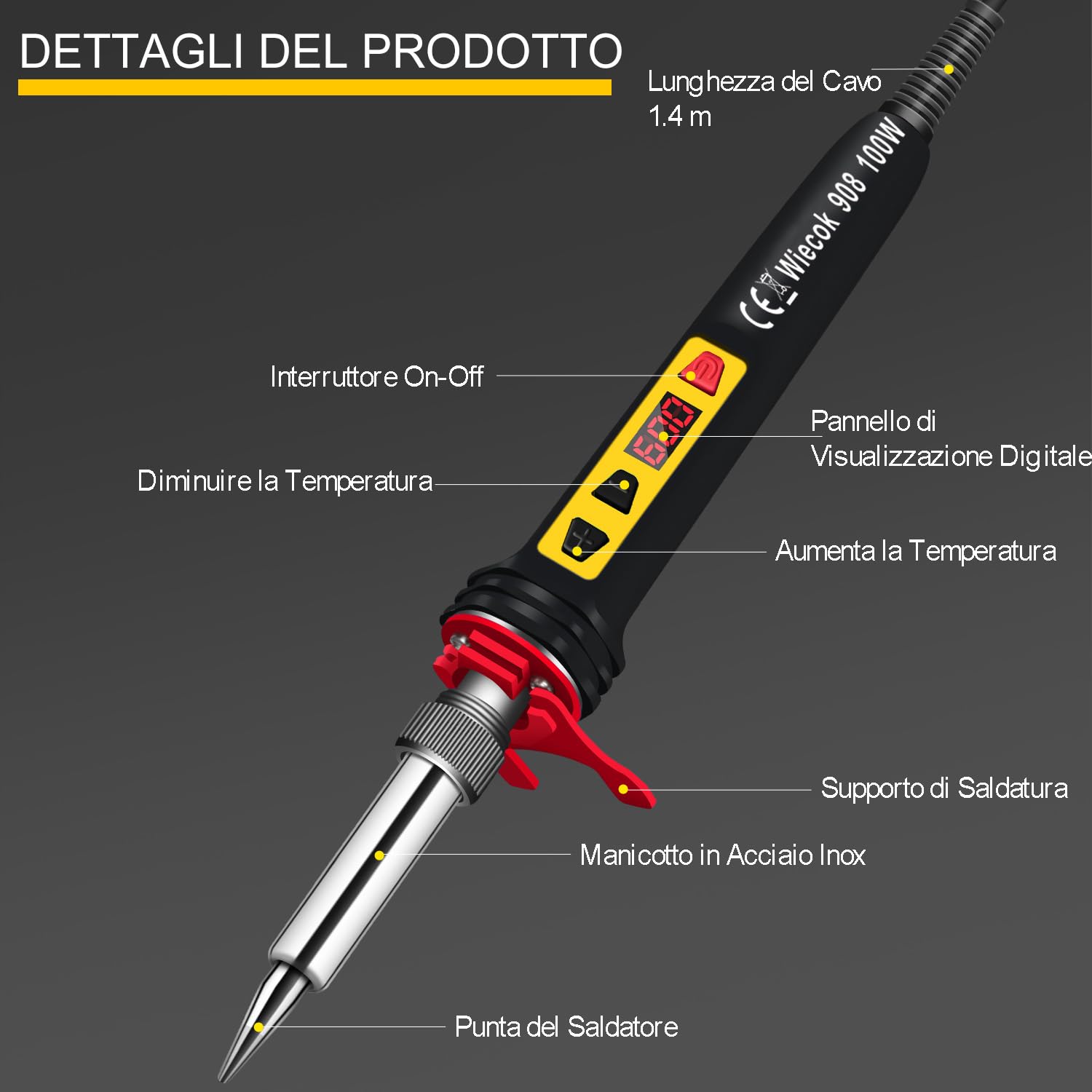 Kit Saldatore a Stagno 100W Digitale con Schermo LCD Temperatura Regolabile 200℃-600℃ 5 Punte 15g Filo