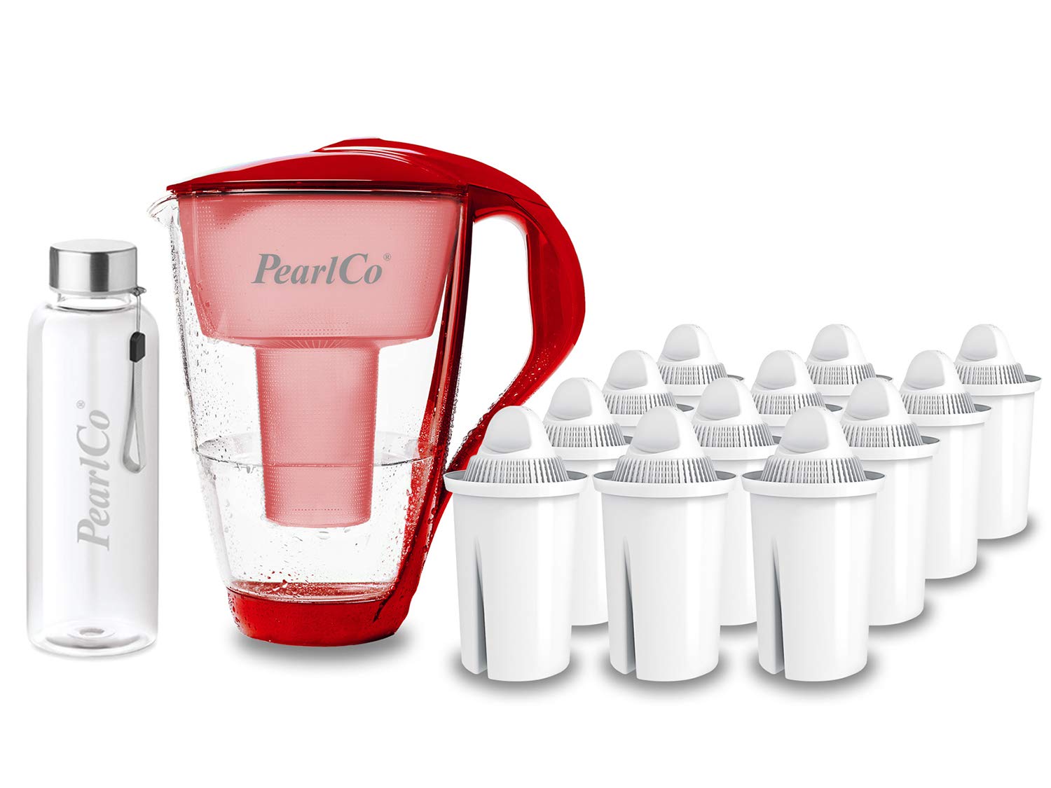 PearlCo - Szklany filtr do wody (czerwony) z 12 uniwersalnymi wkładami filtrującymi Classic + 1 butelka do picia ze szkła