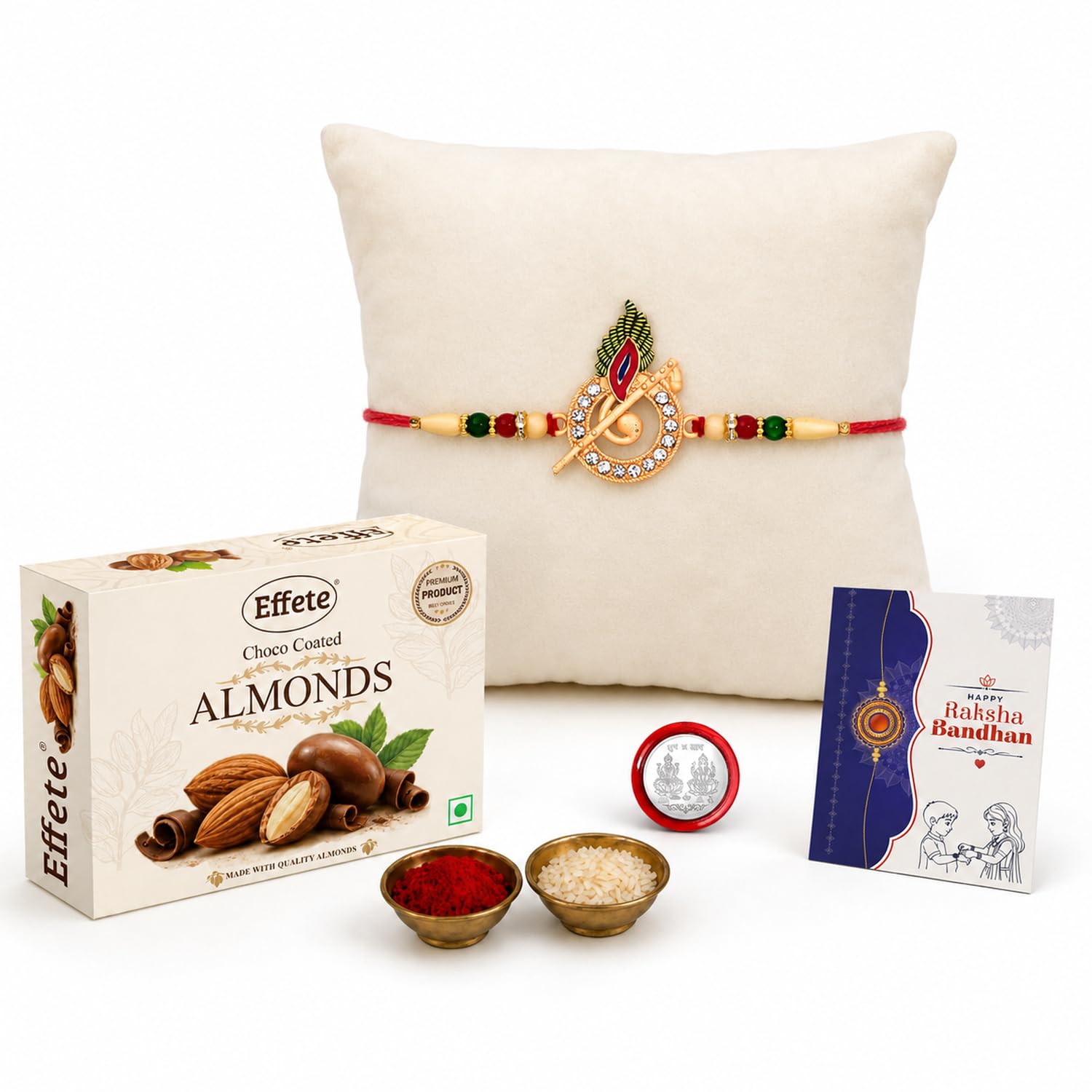 DeoDap Designer Murli Flute Rakhi for Brother with Choco Coated Almonds Chocolate 32gm, Pooja Coin, Roli Chawal & Card | Rakhi with Chocolate Combo for Raksha Bandhan