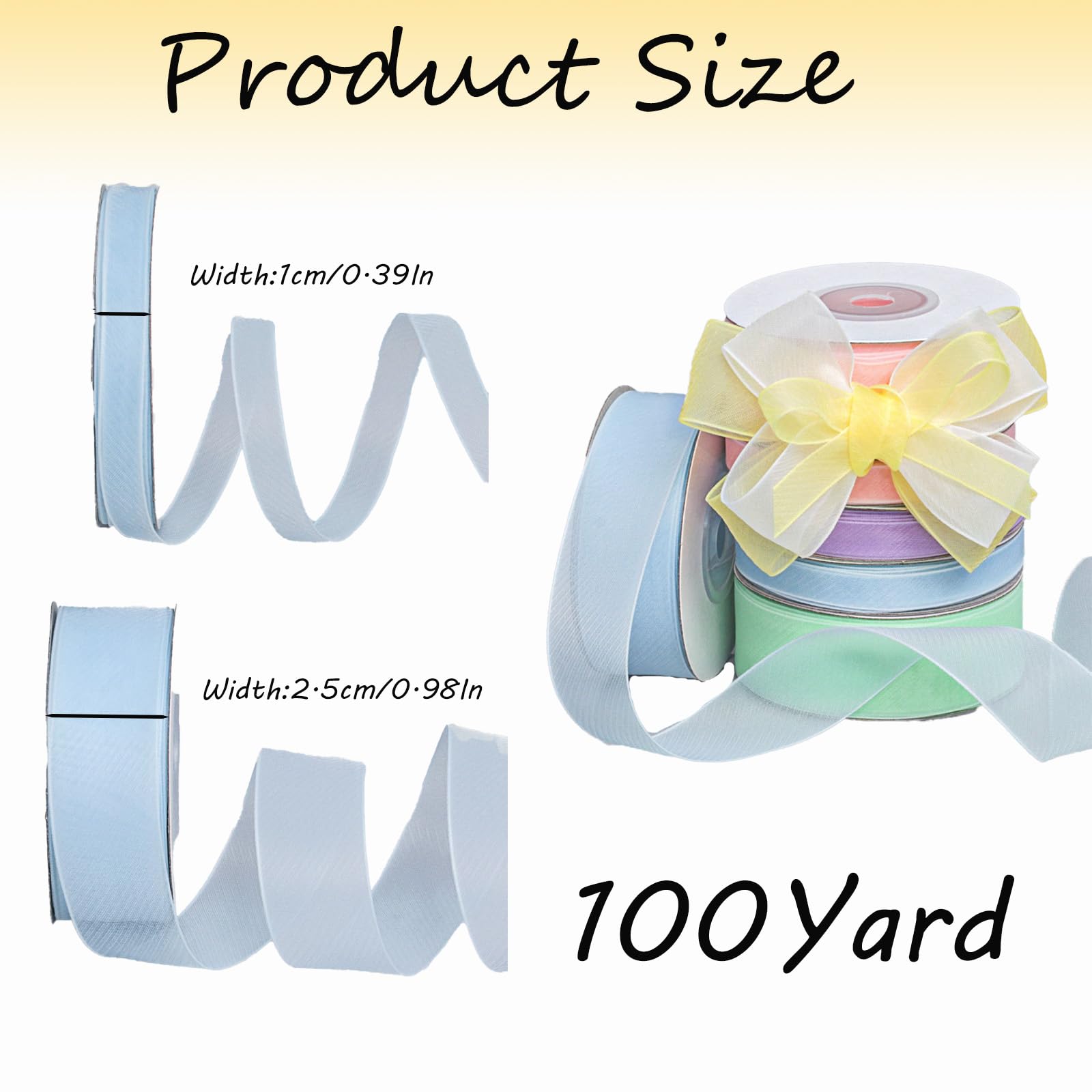 Ruban en tulle de 91,4 m - Ruban décoratif en satin - 1 cm de large - Pour emballage cadeau, décorations de mariage, décorations de fête et travaux manuels