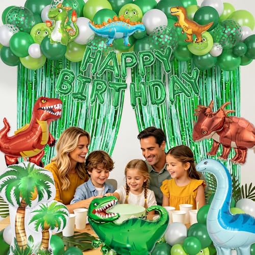 Image of Ouddy Life Dinosaur Balloons Birthday Party Decorations Fringe Curtain | 123Pcs Lime Green White Happy Birthday Dino Foil Balloons Garland Arch Kit for Boys Dino Jungle Safari Baby Shower Supplies