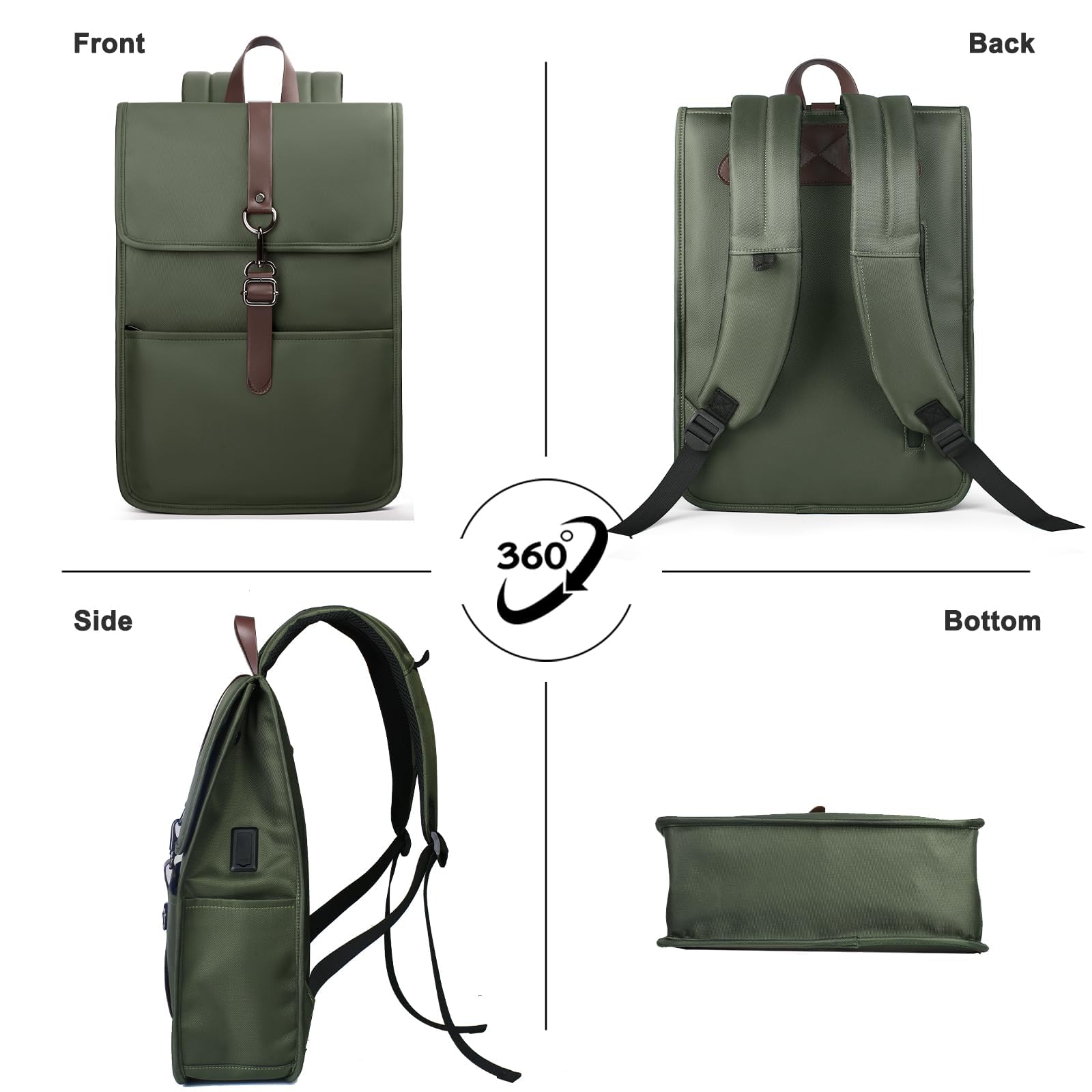 Zaino Porta PC Uomo Donna, Leggero Sottile Zaino Laptop | Computer Portatile 15,6 Pollici con porta USB Impermeabile Zaino Casual per Uffico Università Scuola Viaggio Business, Verde