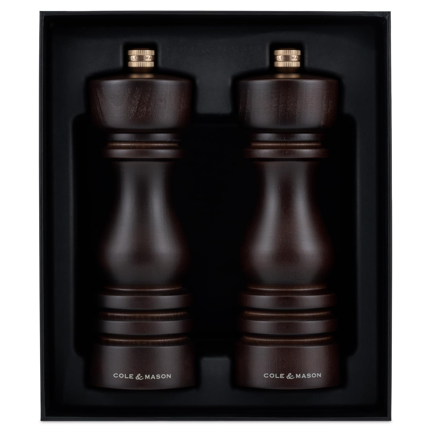 Cole & Mason London Molinillos de Sal y Pimienta, Madera de Haya Chocolate | 18 cm, Molinillo Sal y Molinillo Pimienta Manual, Molino Cerámica Adjustable, Precisión+, Garantía Vitalicia del Mecanismo