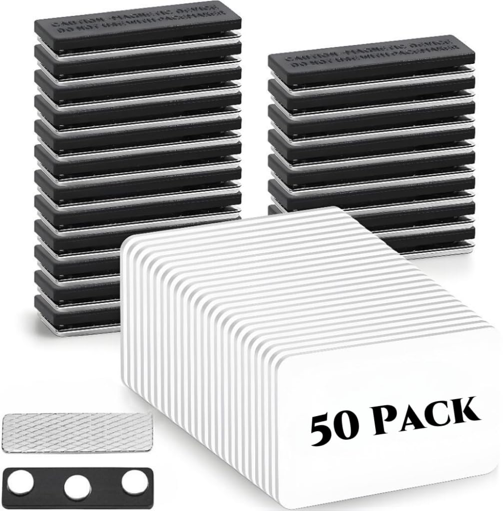 Magnetic Name Tags, 50-Pack Engravable Name Badge with 3 Strong Magnets, 1.5" X 3" Reusable Name Tags, Blank DIY Magnetic Badge Holders for Office School Business Events