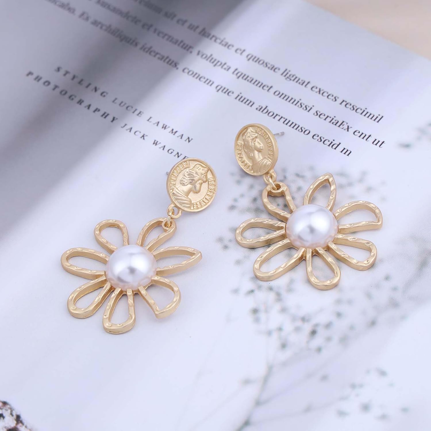 Vintage Pearl Flower Dangle Earrings Gold Hollow Flower Earrings Large Metal Flower Drop Earrings Floral Statement Earrings Jewelry for Women - Image 6