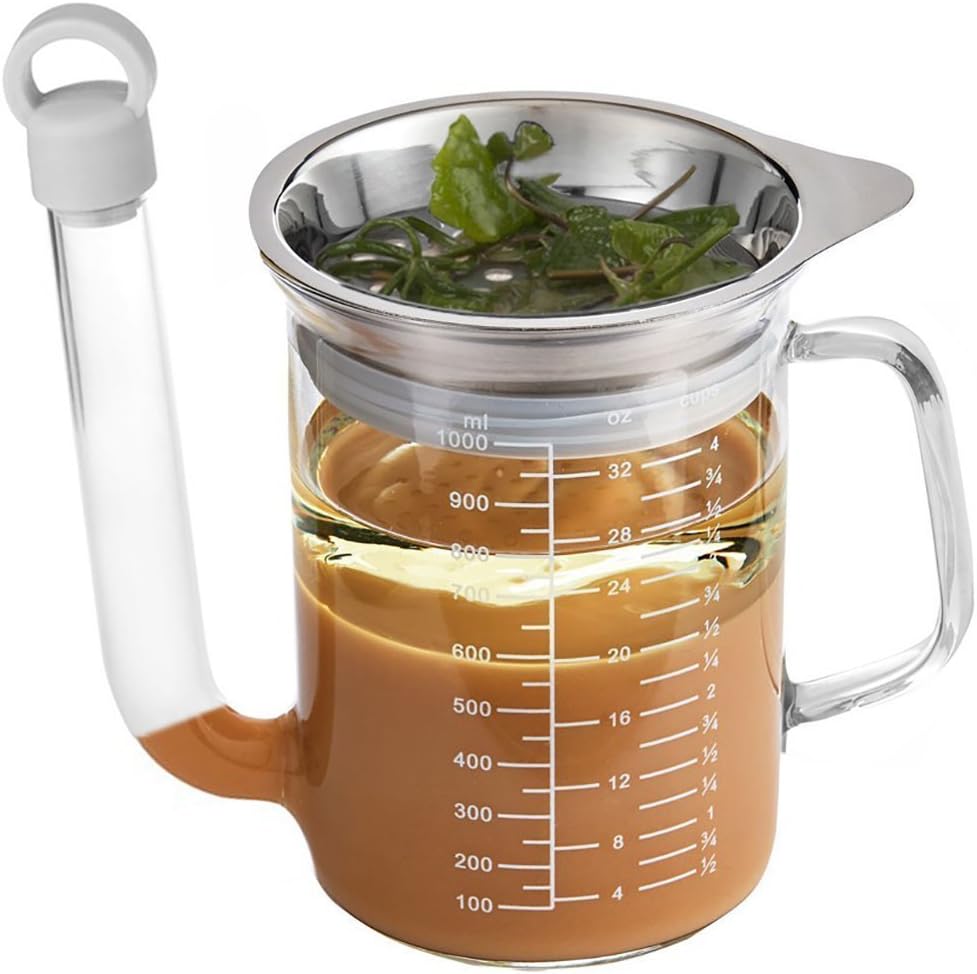 Gravy Separator | Fat Separator | Tempered Glass Construction for Enhanced Safety | Stainless Steel Strainer Included