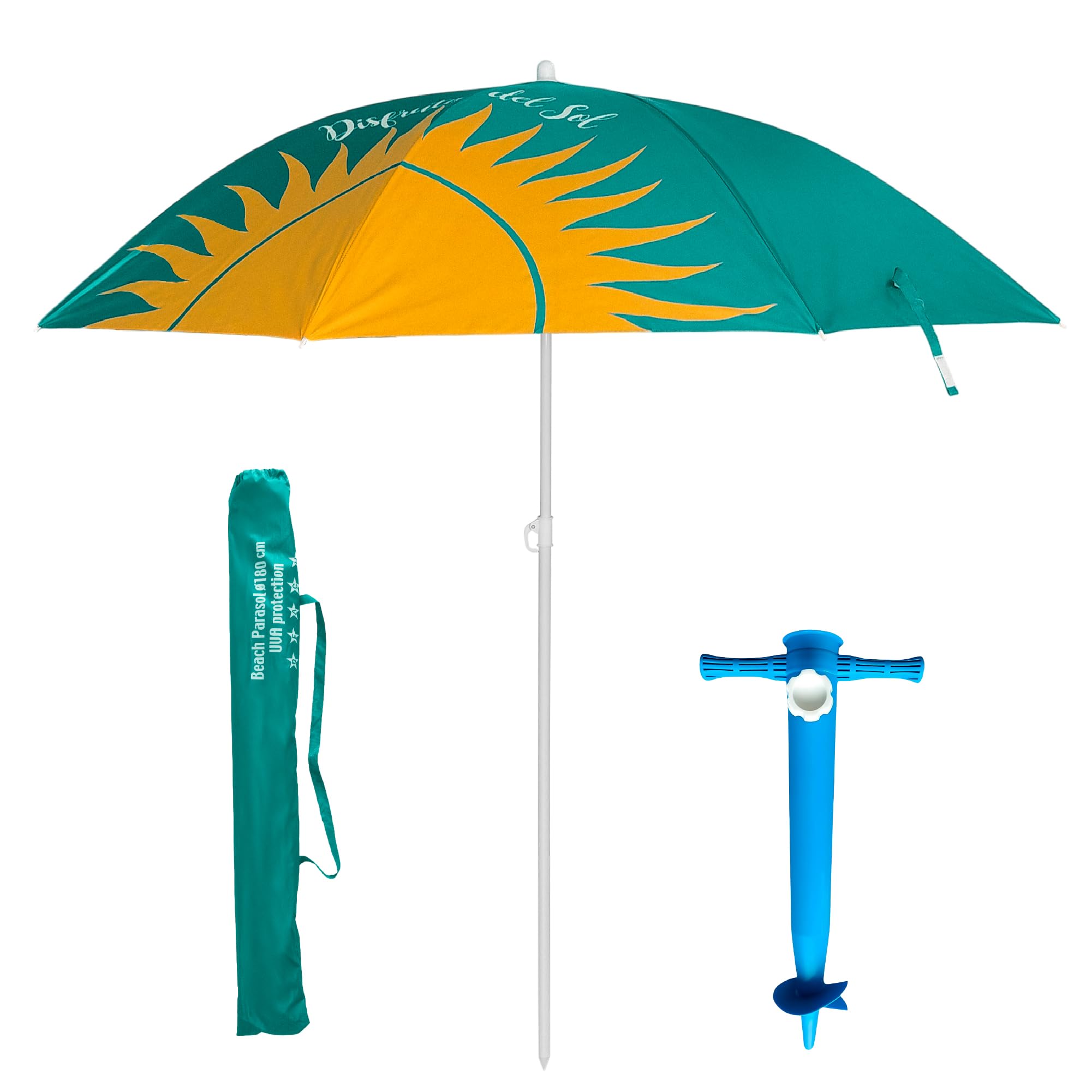 Pincho Parasol de plage en acier avec revêtement antirouille, 180 cm de diamètre. 8 baleines en acier. Facteur de protection solaire UPF 50+, Sol