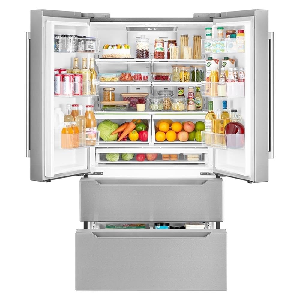 Pemberly Row French 4-Door Refrigerator, 22.5 Cu. Ft. Capacity, Counter Depth, Stainless Steel Finish, Fingerprint Resistant, LED Lighting, Automated Ice Maker, Adjustable Shelves, Soft-Close Doors on Fridge.com - View 4