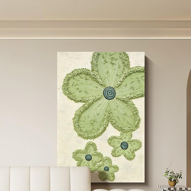 Tableau fleurs vertes pour salon élégant et grand format abstrait SIOARCOURT