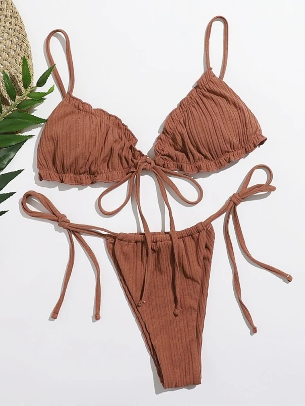 Bikini Donna Donne A Costole Verde Set Triangolo Costume da Bagno Cravatta Side Beachwear-Black-s