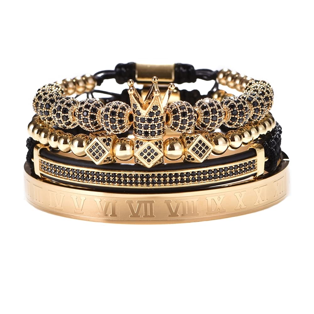 AIDUOMIRZER Bracelet set Braided Adjustable Bracelet Men Male Beads Crown Black Cz Zircon Charm Stainless Steel Bracelet Men Jewelry (Gold R1)
