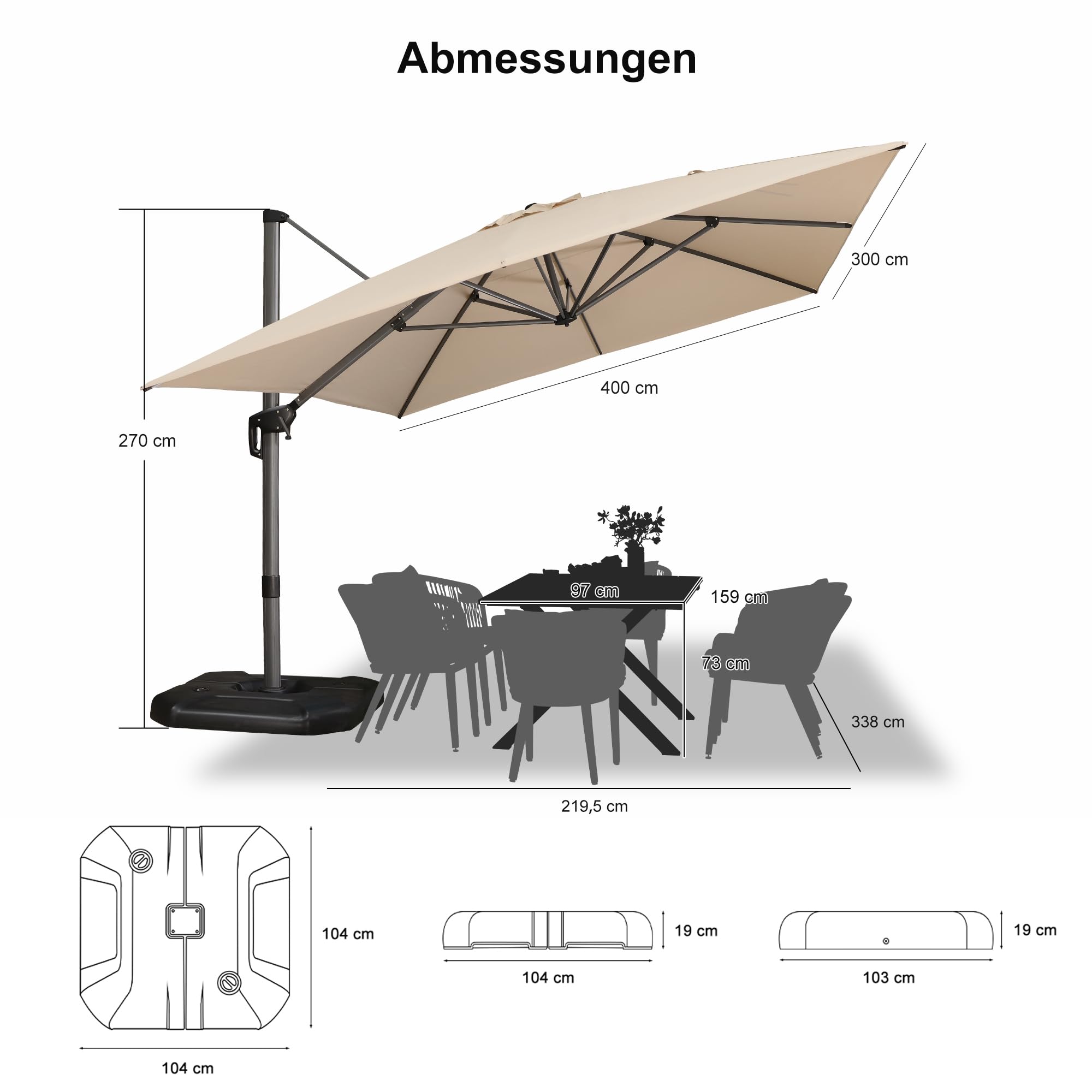 PURPLE LEAF Sonnenschirm groß mit Schirmständer, Aluminium Ampelschirm 400 x 300 cm, 360°Rotation, Terrassenschirm mit Kurbel, UV-beständig, Gartenschirm für Balkon & Terrasse, Beige