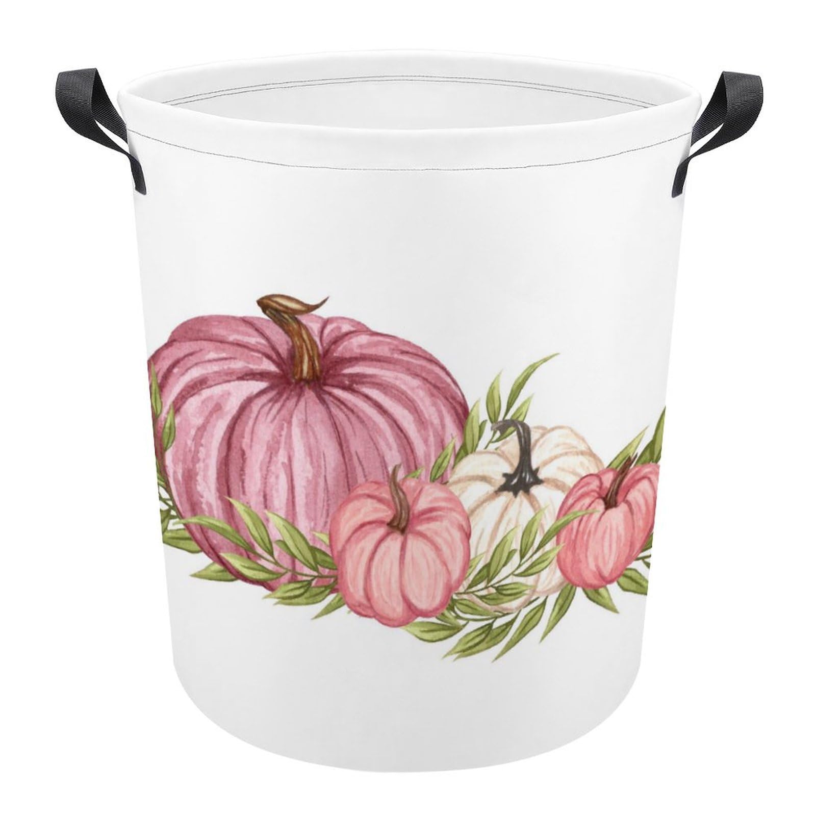 Pink Pumpkin with Leaves 17.3in Laundry Baskets for Bedrooms Watercolor Collapsible Laundry Hamper with Handles Round Toy Bin for Dirty Clothes,Kids Toys,Bathroom