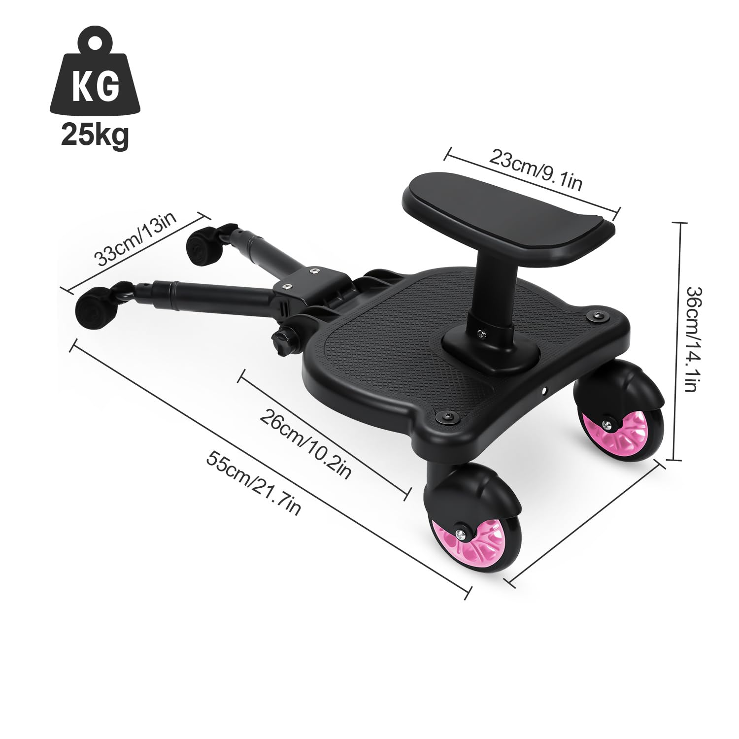 Kiddy Board per passeggino con sedile, pedana universale con sedile rimovibile, doppia ruota a 360 gradi, regolabile, fino a 25 kg, rosa