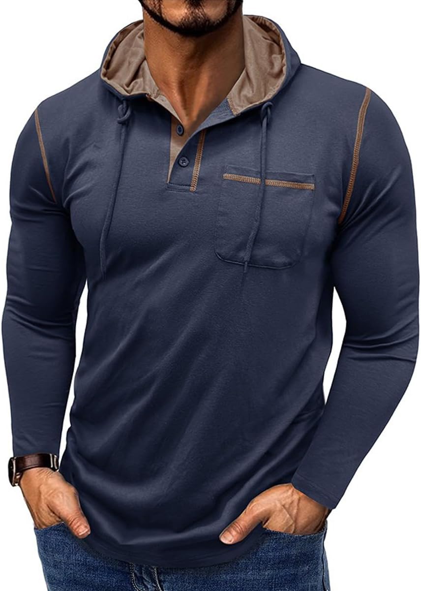 HARGLESMAN Mens Fashion Casual Long Sleeve Pullover Hooded Solid T-Shirt Stretch Basic Fall Layer Shirt