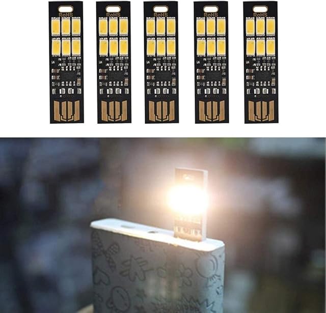 Yizhet 5x Portable USB Nightlight Mini Pocket Card Lamp 6 LEDs Nightlight Keychain USB Power Light 1W 5V Touch Dimmer (Wam White)