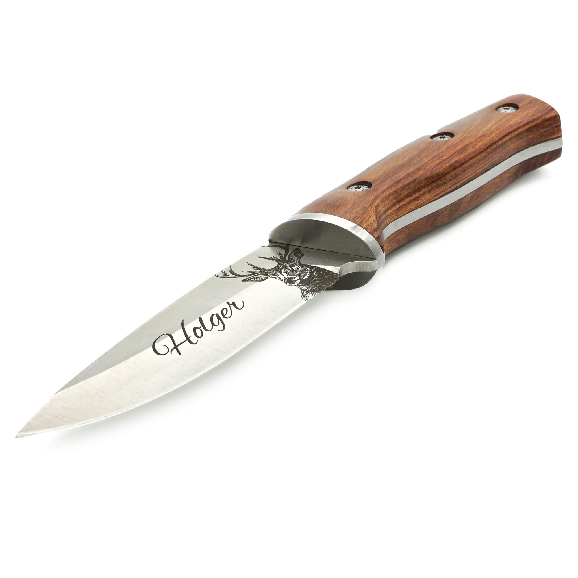 ADAM WILD Jagdmesser mit Gravur | personalisierte Jagd-Geschenke für Jäger | Wildsau, Hirsch, Wolf, Reh & Fuchs mit Wunschname graviert | rostfreier Edelstahl, Holzgriff & Lederscheide | Jagdzubehör