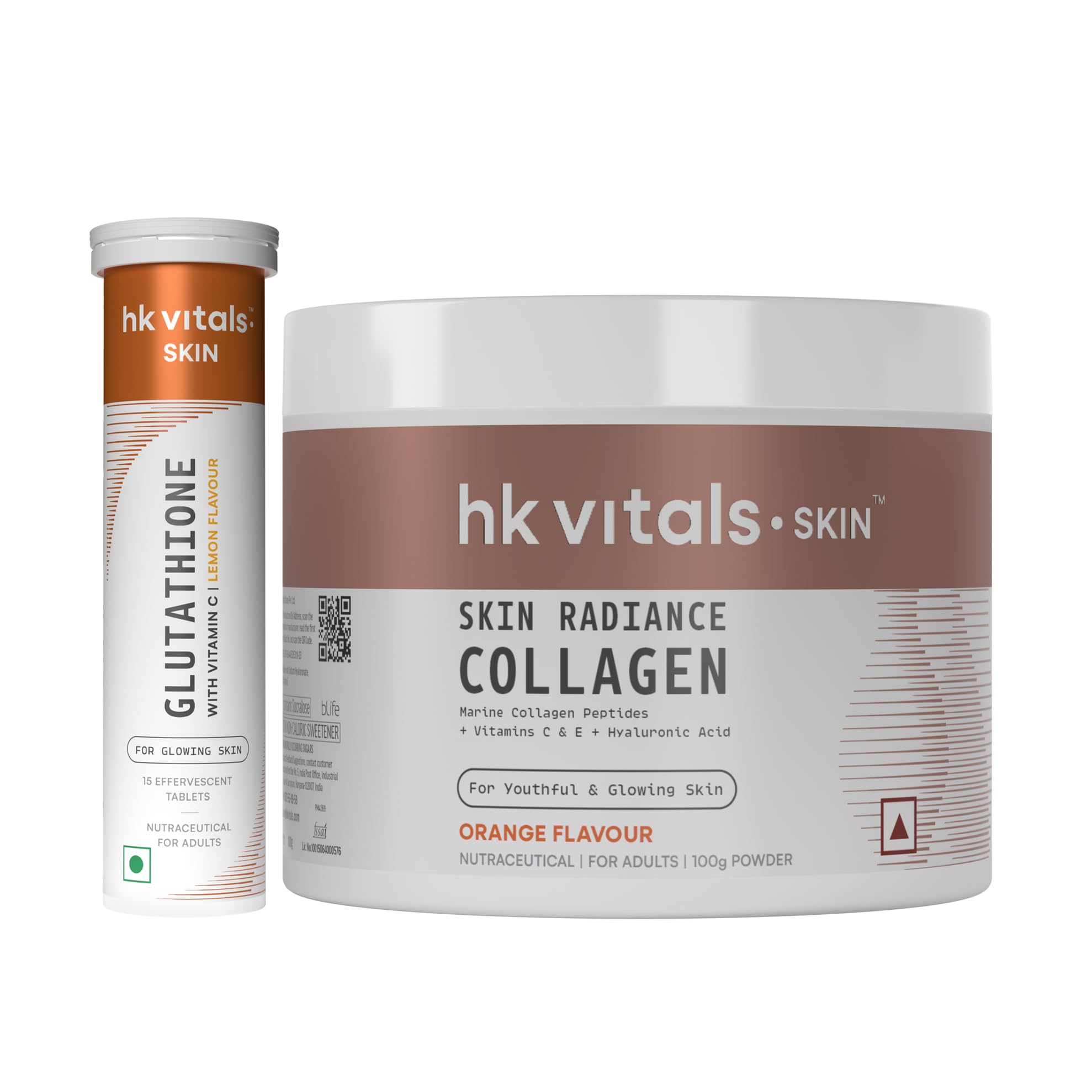 hk vitals Glutathione (Lemon, 15 Effervescent Tablets) with Skin Radiance Collagen Supplement with Biotin, Orange, 100 g | L-Glutathione Tablets with Vitamin C & E | For Skin Glow & Hydration