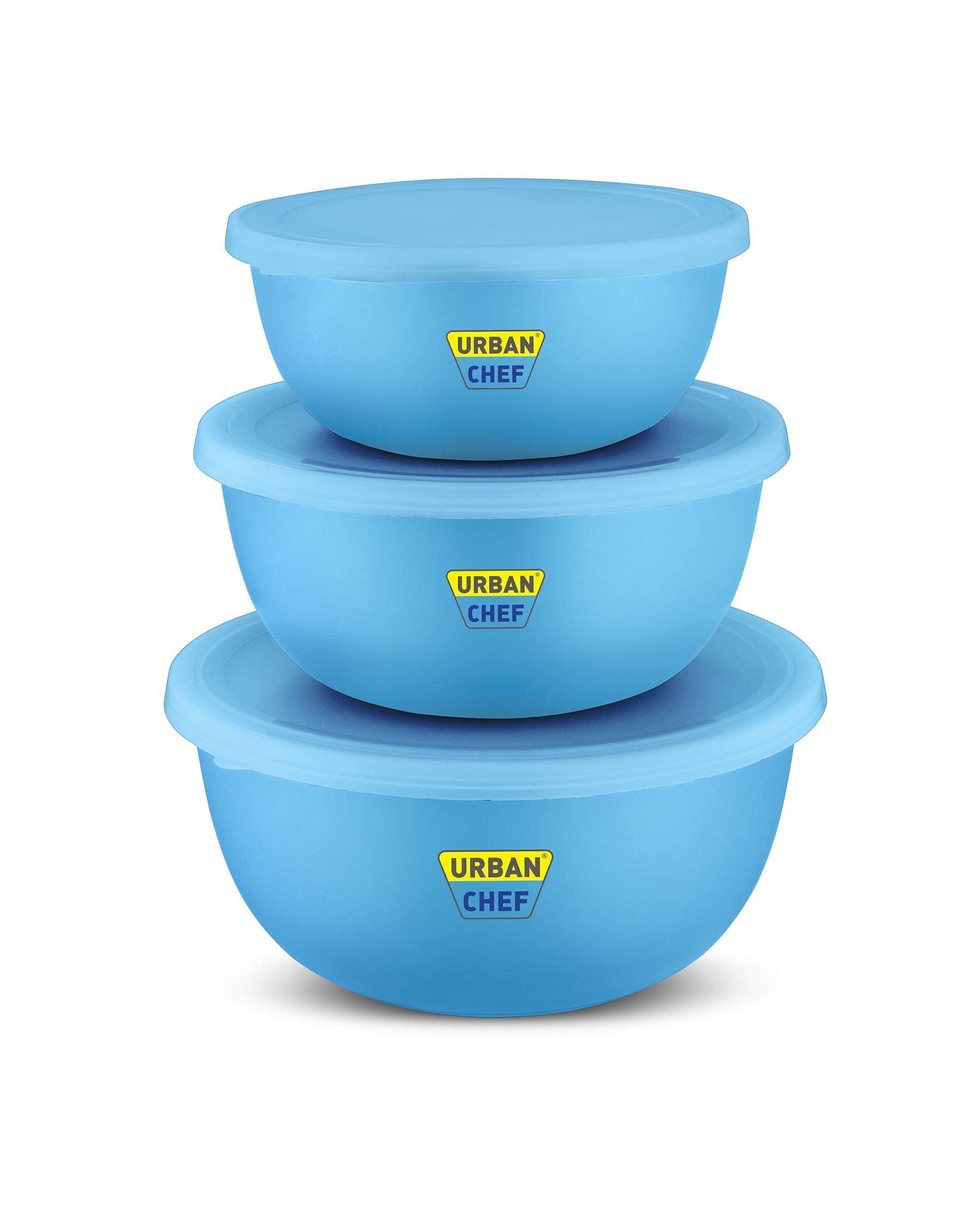URBAN CHEF Flora Stainless Steel Microwave Safe 3 Pieces Bowl Set with Lid-Blue, Solid