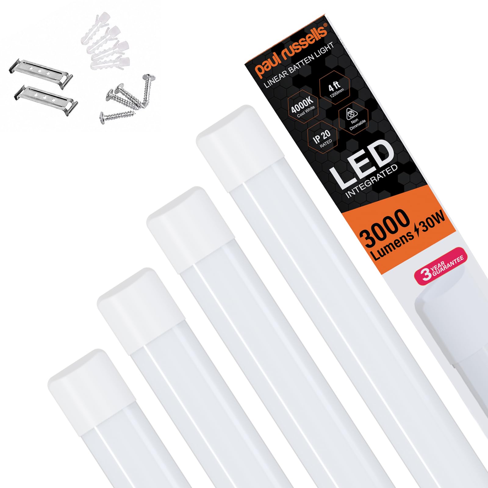 paul russells 4ft LED Batten Light, Ceiling Fitting Tube Light, 4000K Cool White 30W, 3000 Lumens, Light for Office, Bathroom, Kitchen, Garage, Warehouse Fluorescent Lighting Replacement, 4 Packs โ image 1