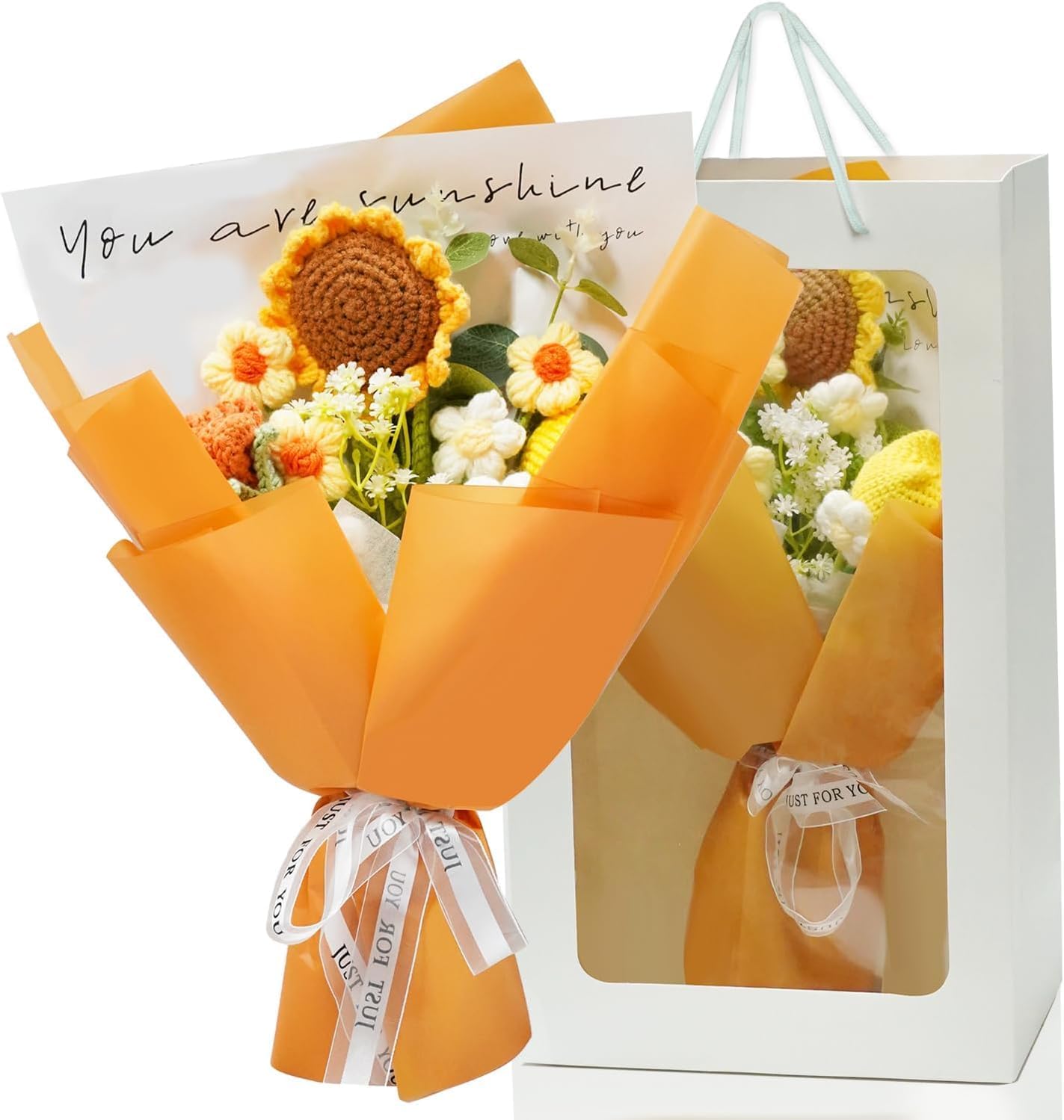 Crochet Flower Bouquet Handmade Knitted Artificial Flowers with Exquisite Wrap for Mothers Day Valentine’s Day Birthday Wedding & Home Decoration, Yellow