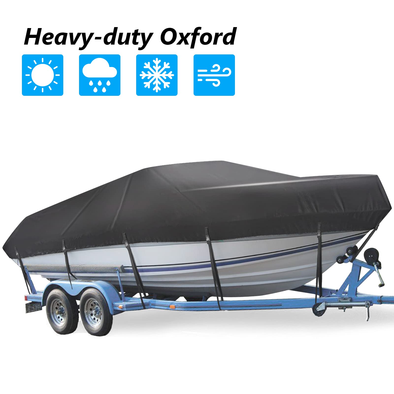 Trailerable Boat Cover, Heavy Duty Waterproof Boat Cover, 17-19ft UV Resistant Marine Grade Outboard Cover Compatible for Bass Boat, Fits Bayliner Tri-Hull V-Hull Fishing Runabout Boat, BLK