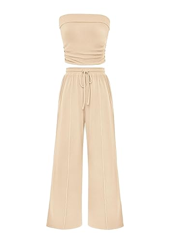 PRETTYGARDEN Womens Summer Outfits 2 Piece Sets Casual Ribbed Knit Crop Tube Top Wide Leg Pants Spring Matching Lounge Set - Apricot - Small