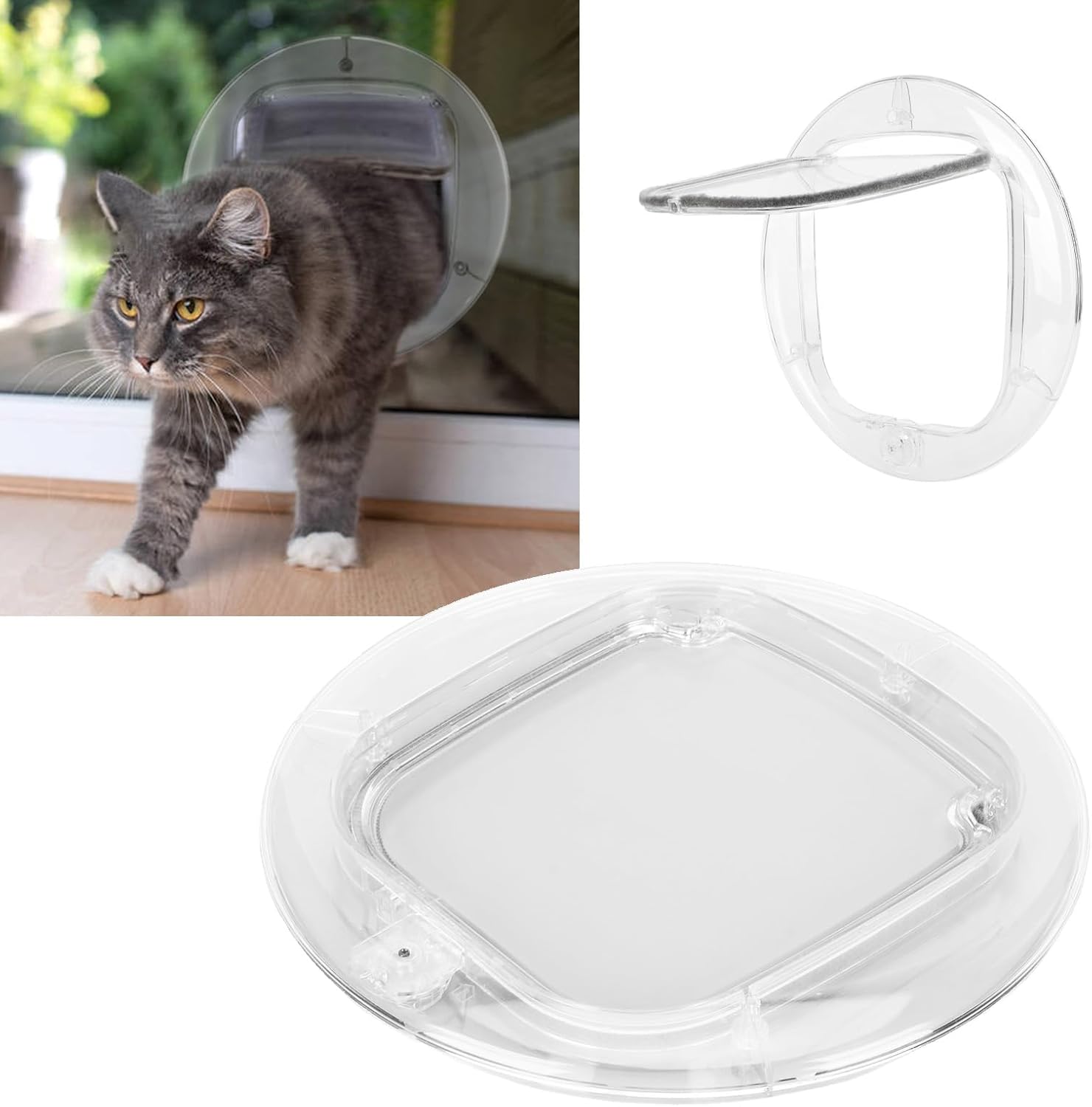 Transparent Cat Door for Interior Exterior Doors, Pet Door with 4 Way Locks, Silent Brush Strips and Strong Magnetic Closure, Clear Flap Cat Door for Cats and Small Dogs on Glass o
