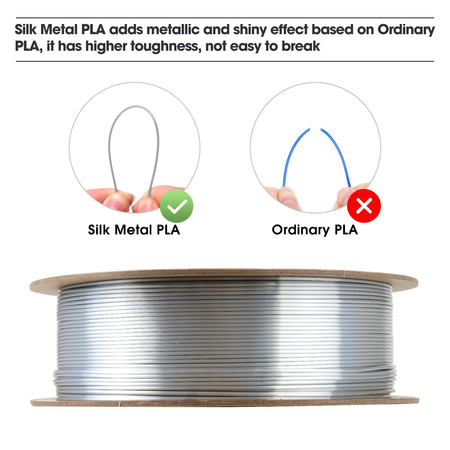 eSUN Filamento PLA in Seta Metallo 1.75mm, Filamento Metallo per Stampante 3D PLA, Precisione Dimensionale +/- 0.05mm,Bobina da 1kg (2.2 libbre) Filamento per Stampa 3D per Stampanti 3D,Seta Argento