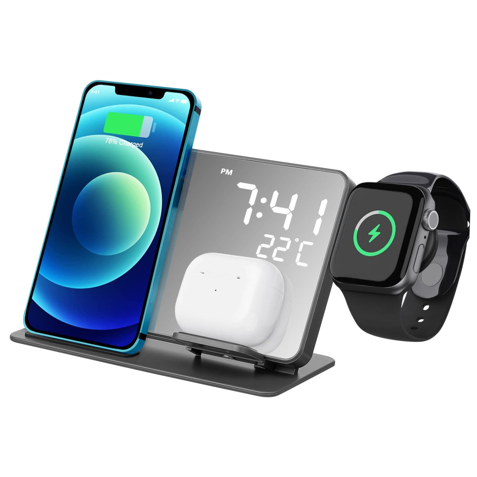 Station de Charge sans Fil avec Réveil LED et Thermomètre Support Rapide Compatible Smartwatch et Écouteurs Chargeur Induction Multifonction pour Bureau et Chambre