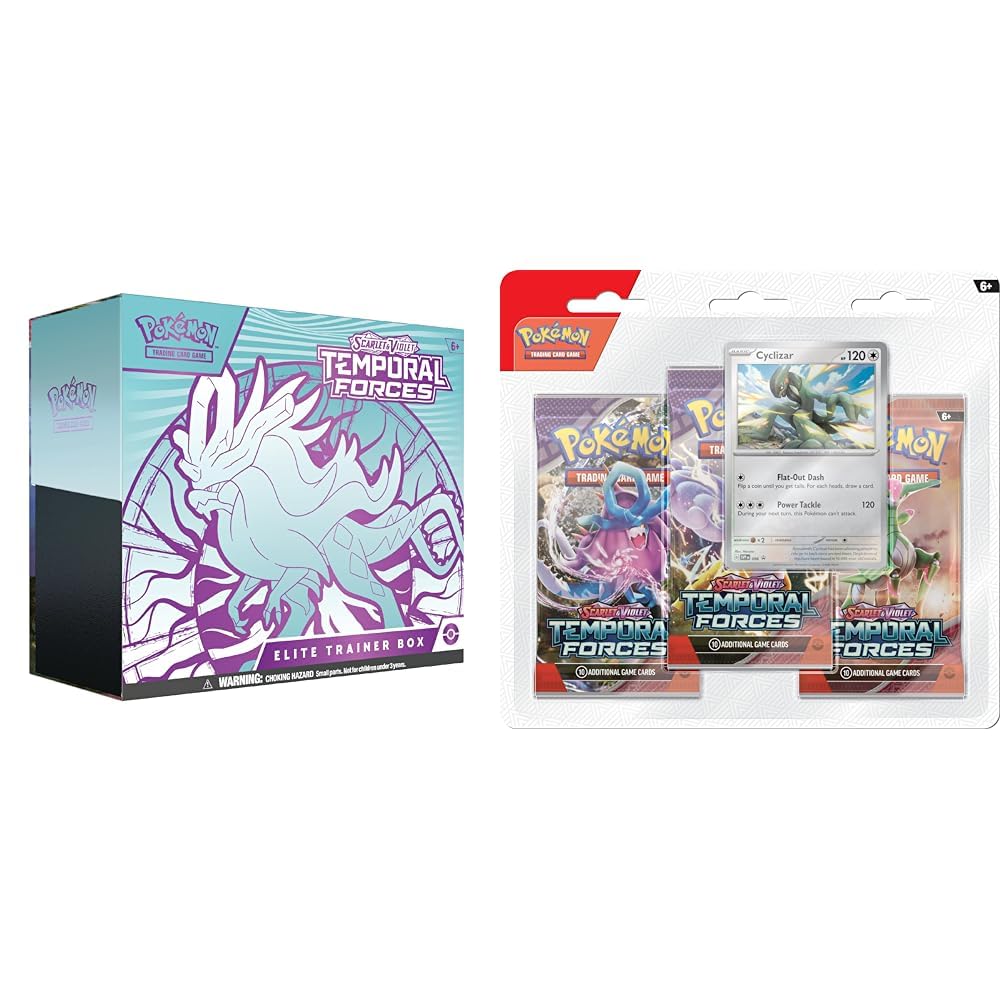 Pokémon TCG: Scarlet & Violet—Temporal Forces Elite Trainer Box – Walking Wake & TCG: Scarlet & Violet—Temporal Forces Triple Pack – Cyclizar (3 Booster Packs & 1 Foil Promo Card)