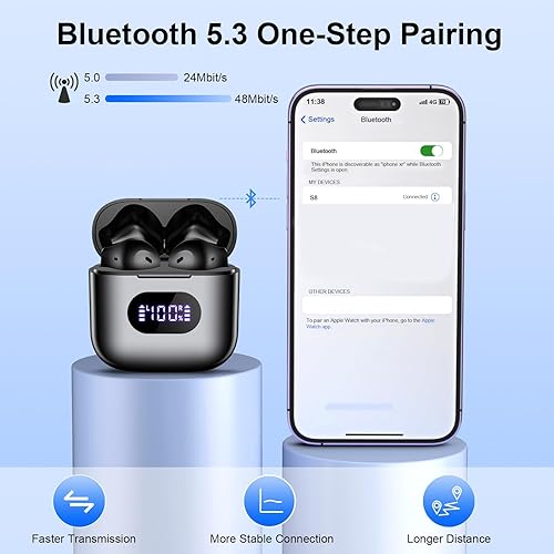 Miniatura 4 de Auriculares inalámbricos, auriculares Bluetooth V5.3, auriculares con batería de 48 horas de larga duración pantalla de alimentación LED, bajo