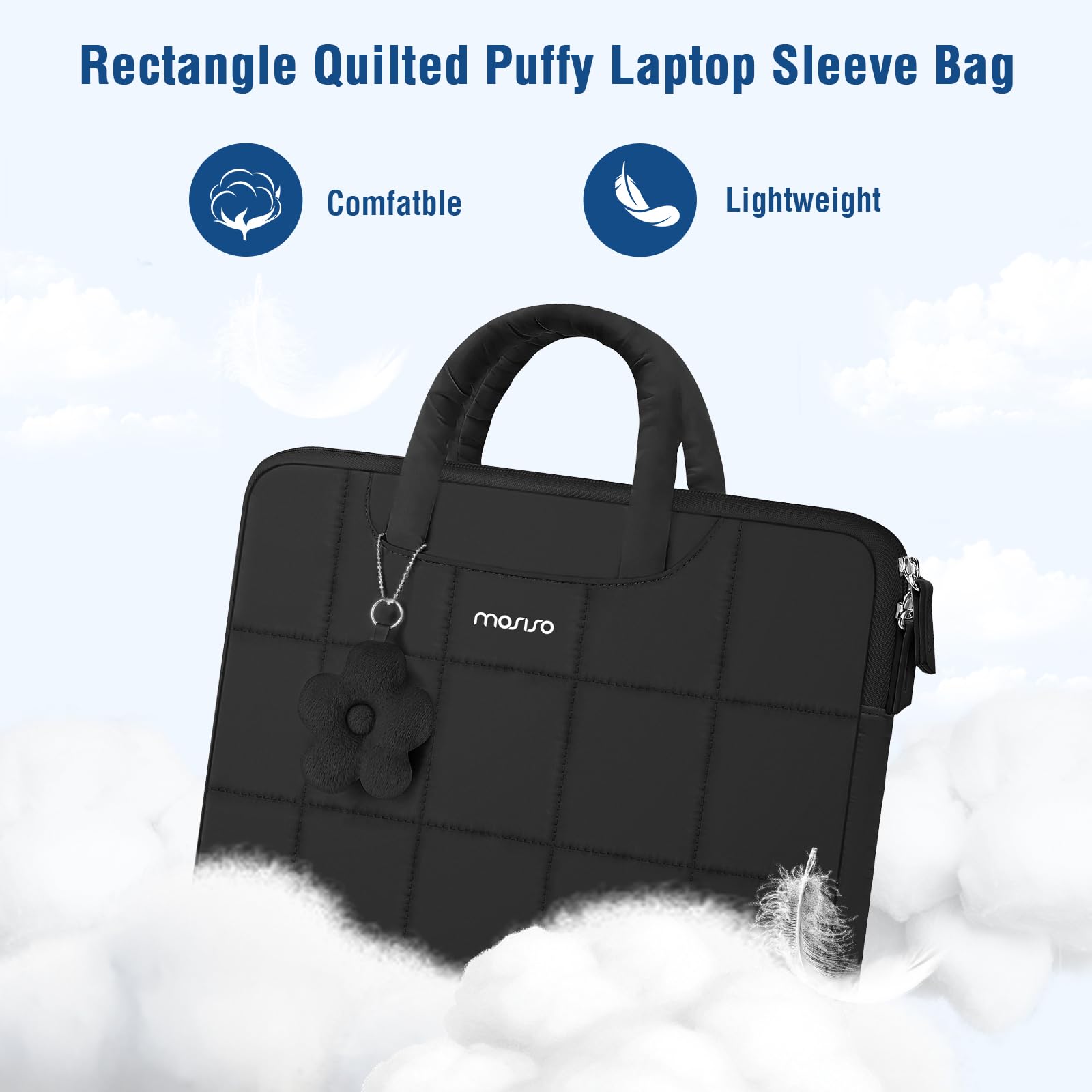 MOSISO Funda Portátil 13-14 Pulgadas, 13,3 Pulgadas Laptop Bolsa Compatible con MacBook Neo/Air 13 13,6/ Pro 13/14,HP, Rectángulo Acolchado Bolsa Ordenador con Asa y Colgante Flores,Negro