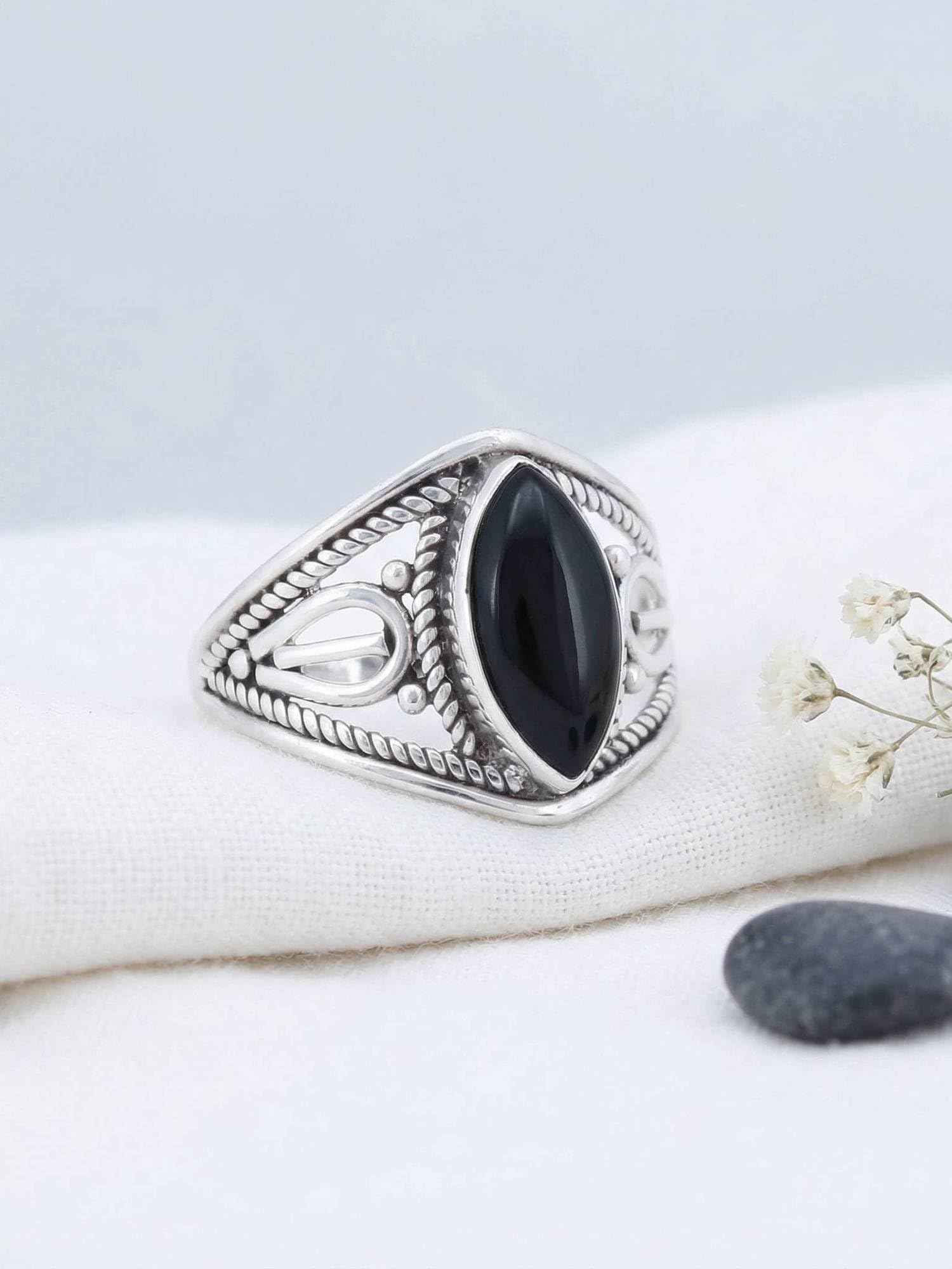 mantraroma Silberring Damen 925 Sterling Silber – ellipsenförmiger Edelstein Ring, Vintage Statement Ring Schmuck, elegantes Geschenk für Frauen