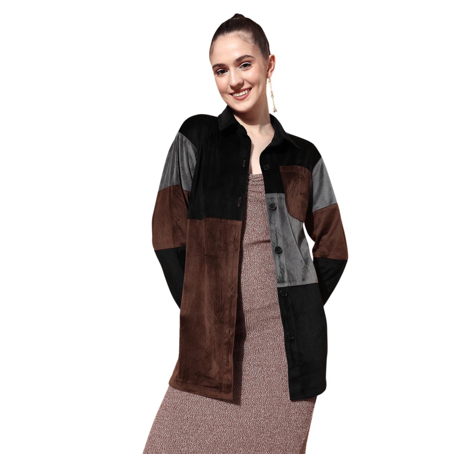 Berrylush Women Colourblock Printed Spread Collar Neck Button Front Jacket in multi