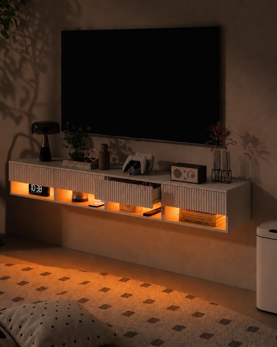 Set 2 Comodini Sospesi Bianchi Comodini da Parete con Cassetto e Vano Aperto Comodini Moderni per Camera da Letto Effetto RGB Decorativo 40 x 30 x 22,5 cm