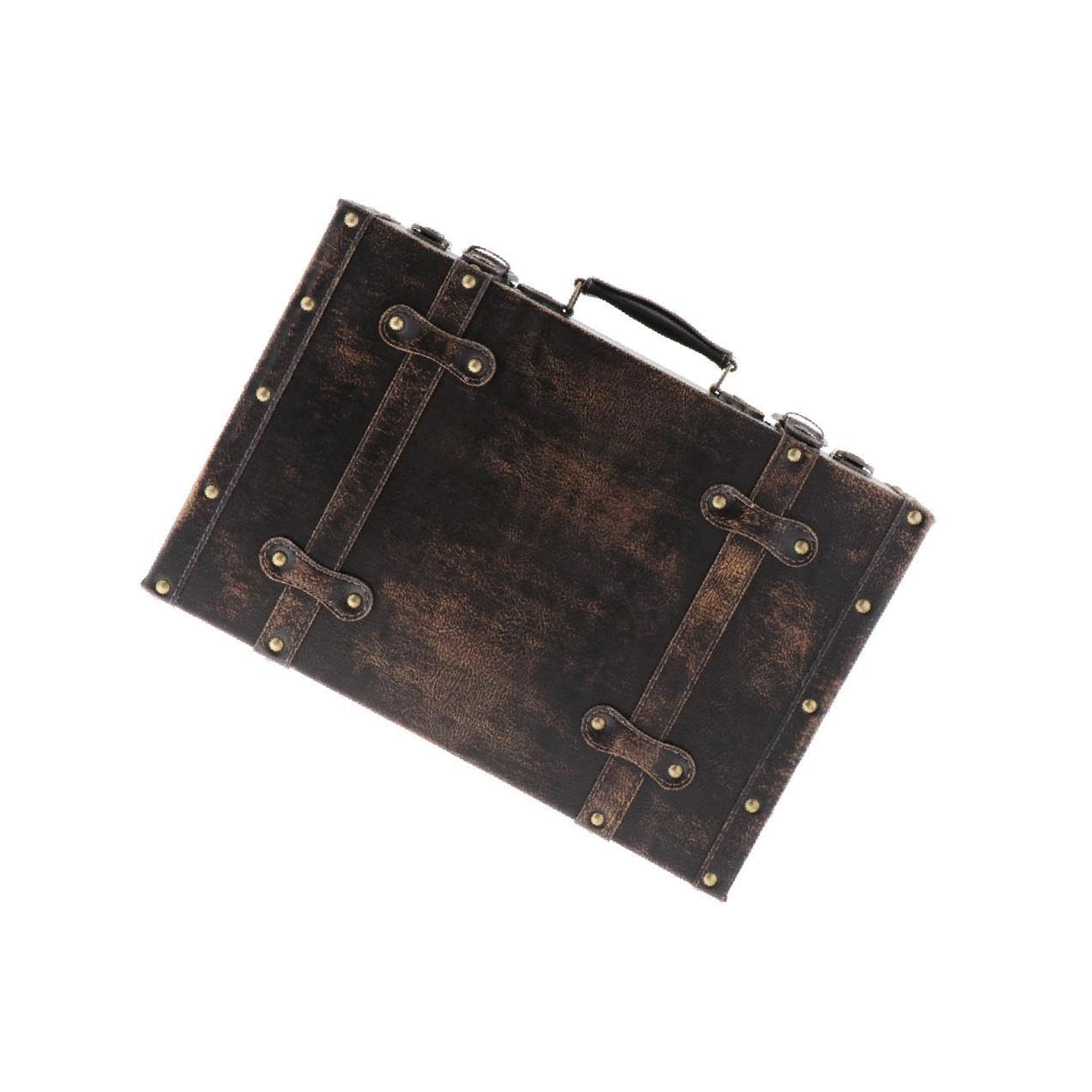 Zambuph Retro Wood Leather Suitcase Decorative Storage Box Home Decor Organizer Travel Luggage, coffee