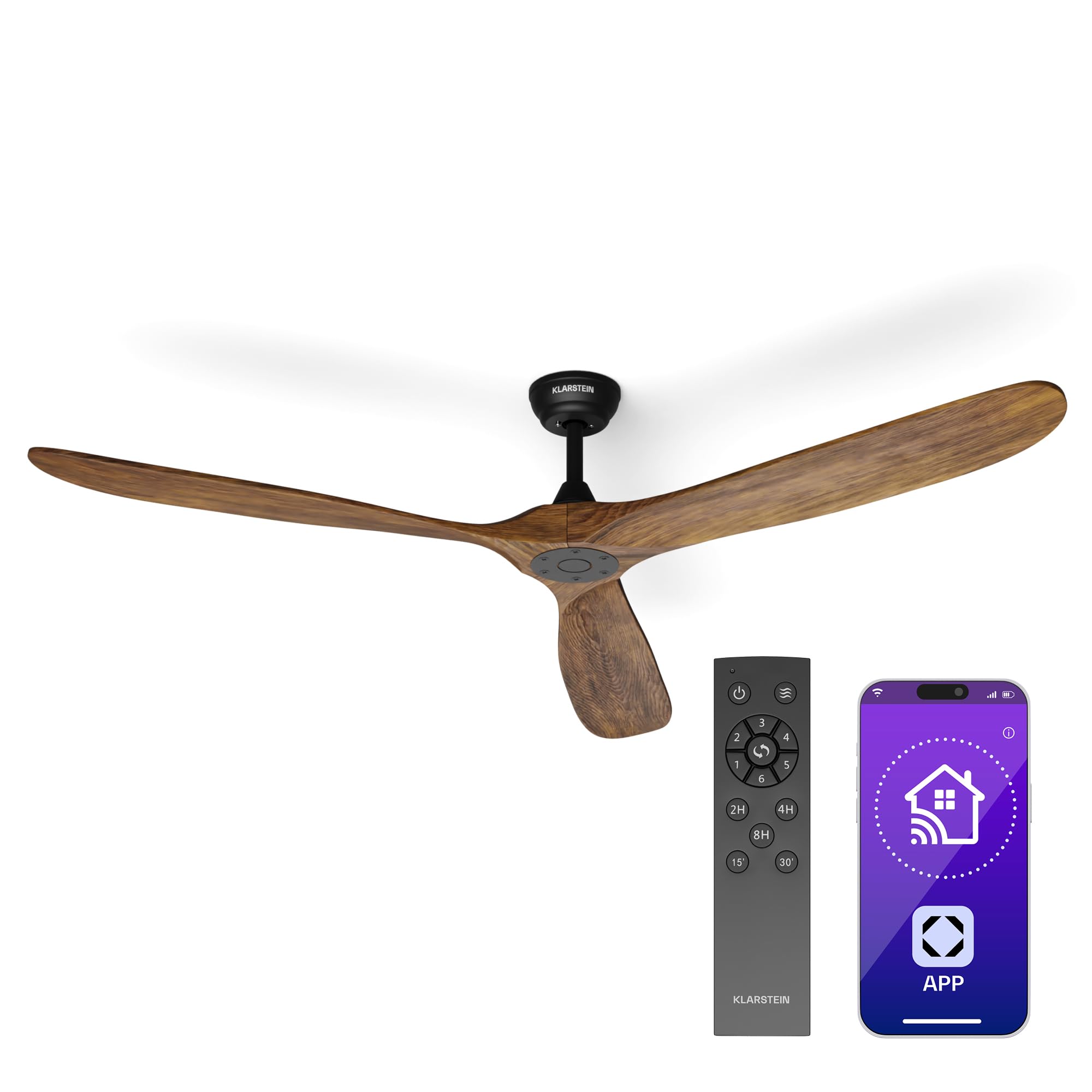 Klarstein Deckenventilator Leise mit Fernbedienung – 178 cm Walnuss, Smart Steuerung per App & Sprachbefehle, 6 Geschwindigkeiten, Sommer-/Winterbetrieb, Flüsterleise für Schlafzimmer, Energiesparend