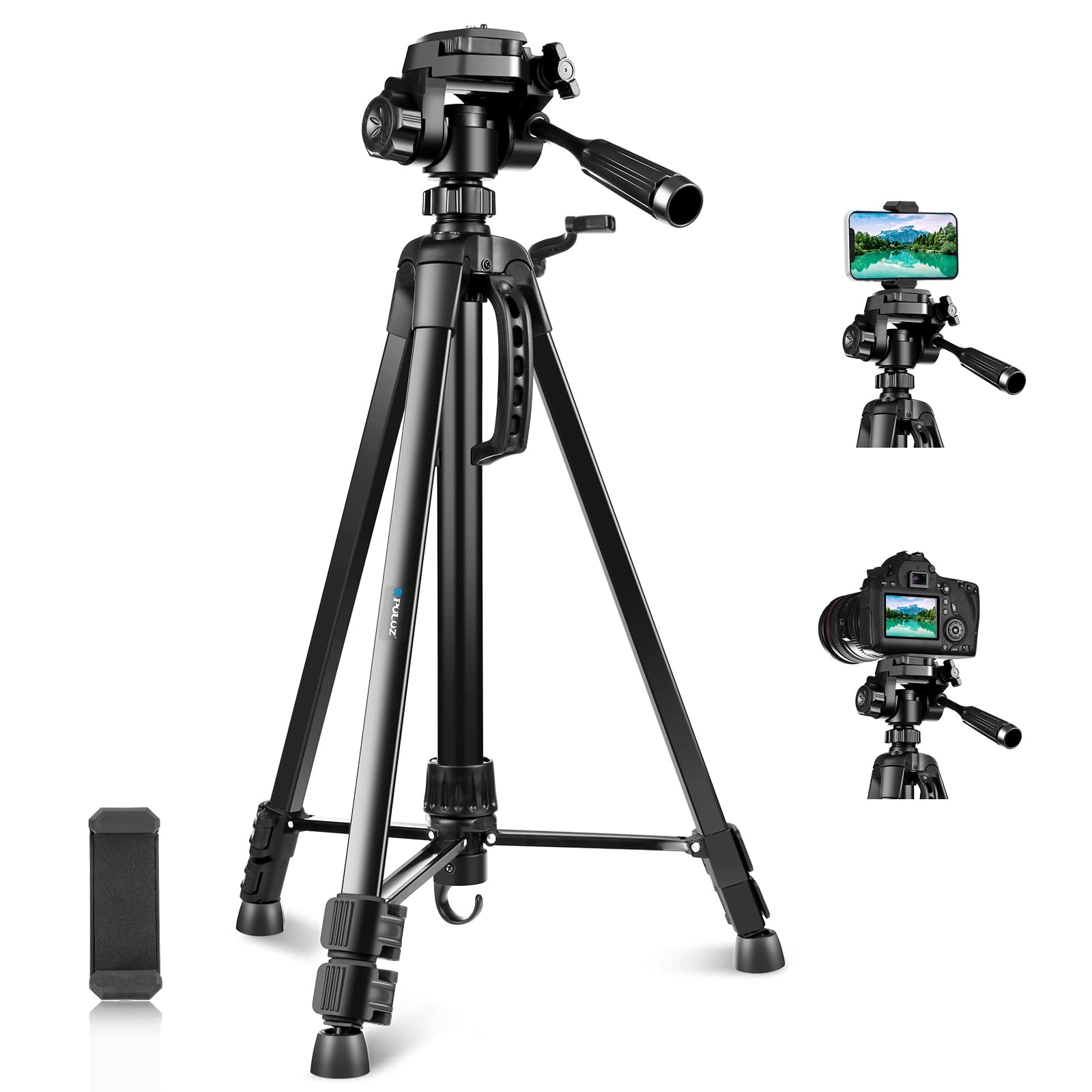 PULUZ Trípode de cámara de 139 cm, soporte de trípode de aluminio para selfie en vivo con cabeza tridimensional y abrazadera para teléfono y bolsa de almacenamiento para viajes, video, fotografía