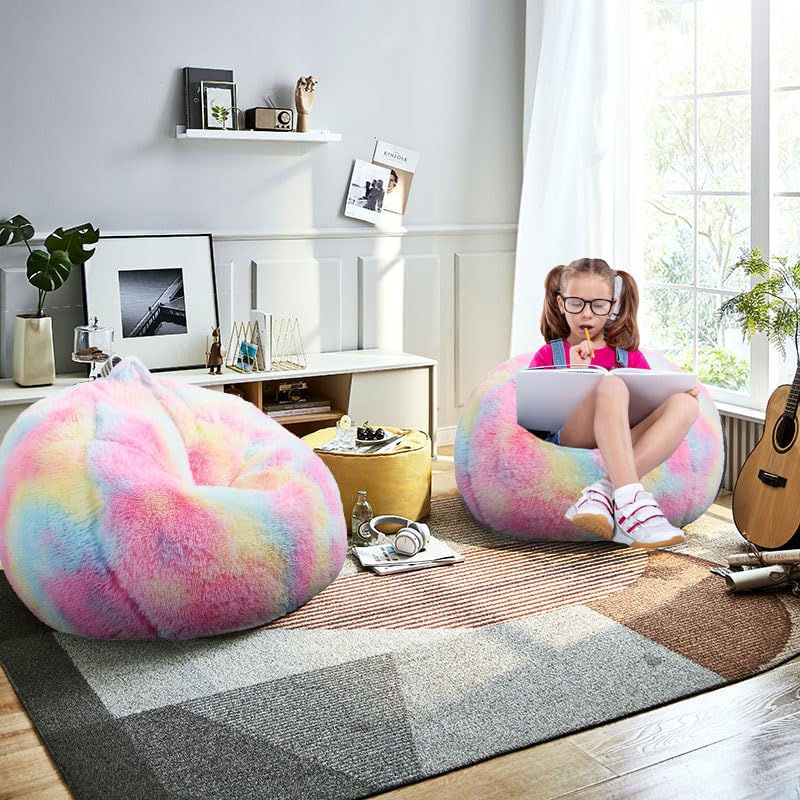 Image of Fluffy Bean Bag Chair for Kids, 2.5FT Round Memory Foam Filled Bean Bag for Teens & Kids, Ultra Soft Faux Fur Fabric Bean Bag Chairs for Playroom, Living Room, Bedroom, Rainbow