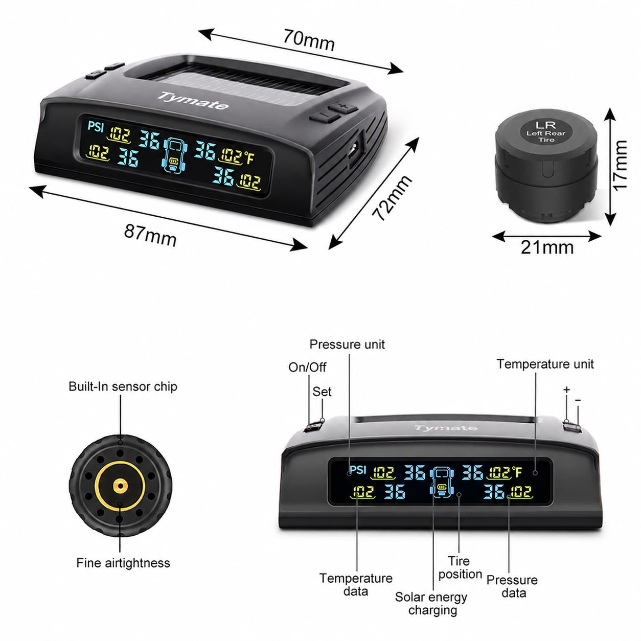 Tymate Sistema di monitoraggio della pressione dei pneumatici per camper, sistema di monitoraggio della pressione dei pneumatici con carico solare, TPMS rimorchio con 4 sensori e 5 modalità di allarme