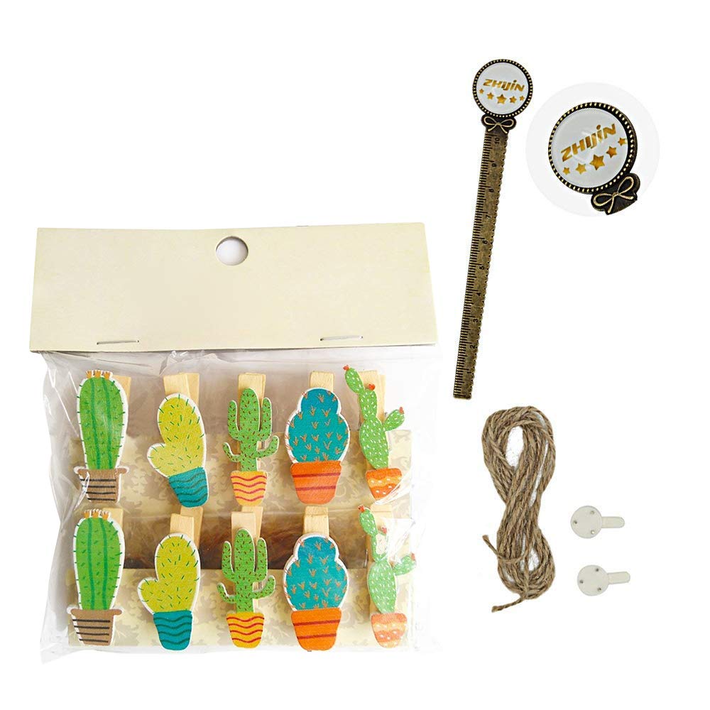 Zhi Jin 10pcs/Set Cute Wooden Clip Pegs Clothespins for Photo Album Postcard Note Paper Decor Clamp with Rope and 2Pcs Non-trace hooks, Cactus
