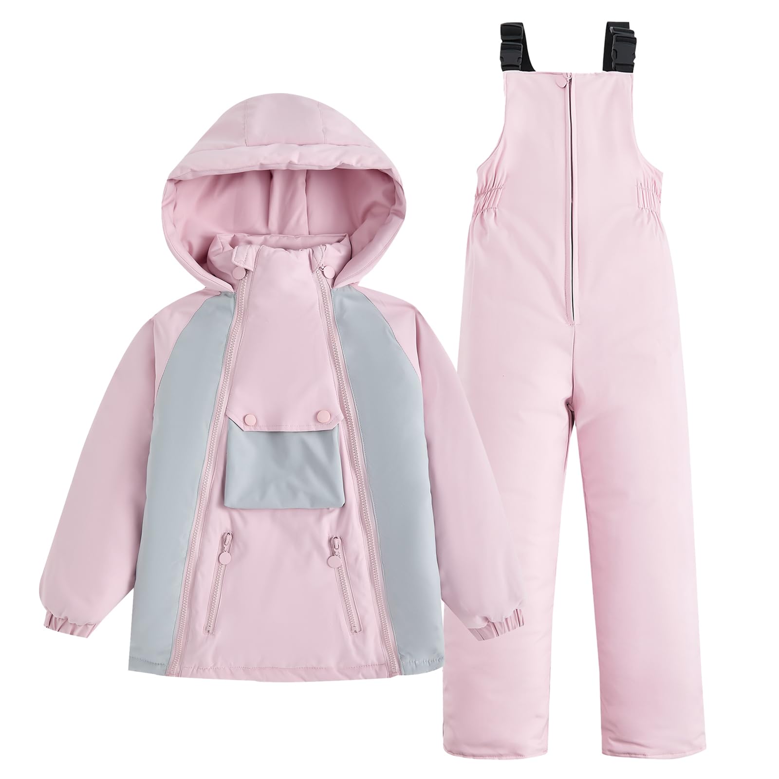 JiAmy Zweiteiliger Schneeanzug für Kinder, Skianzug mit Kapuze mit Praktische Taschen Winddicht Warme Skijacke + Skihose für 3-10 Jahre