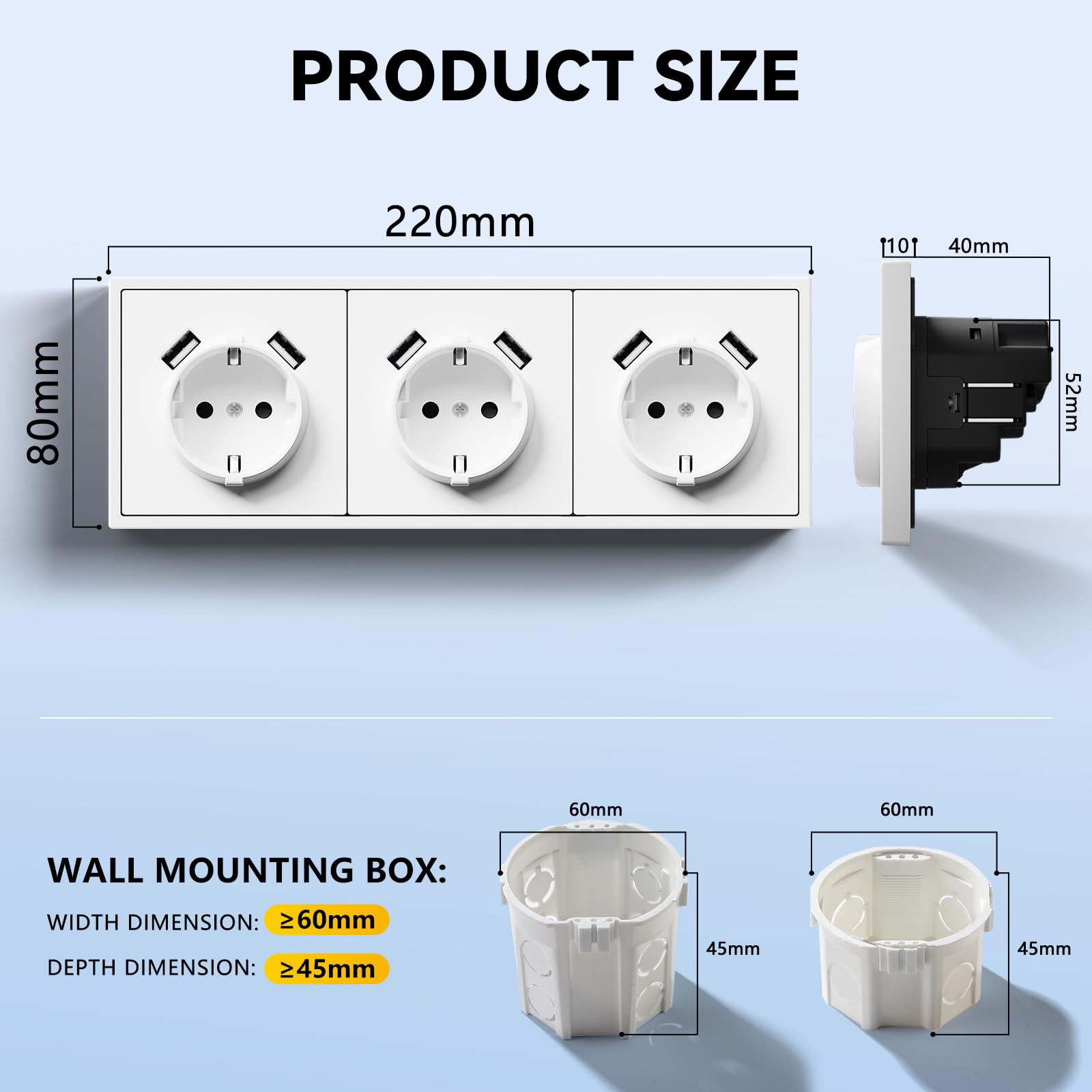 BSEED LIFE gniazdko wtykowe z zestykiem ochronnym z wejściem USB podtynkowe standardowe gniazdo ścienne 16 A z ramą PC, 80 x 220 mm, gniazdo incelne z pazurami, łatwa instalacja, 3-krotne, białe