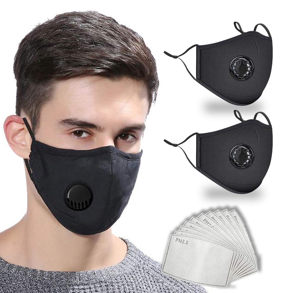 HIVEHYPE 2PCS Cotton Face Masks Washable and Reusable, Protect Cover Bandana Balaclavas with Breathing valve With Activated 10 PCS Carbon Filter Replaceable Filters Adult