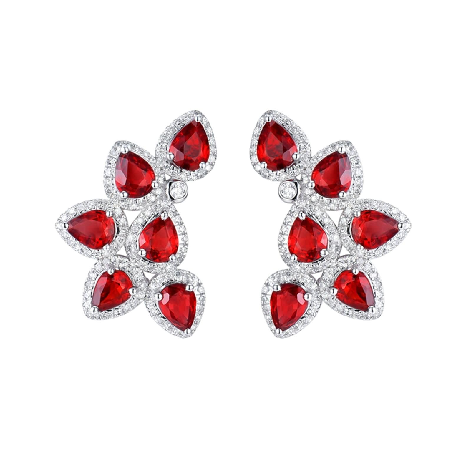 Pendientes Oro Blanco de 9 K / 14 K / 18 Kilates Mujer, Gota de Agua con Rubí Creado y Diamante, Pendientes de Mujer Plata Rojo
