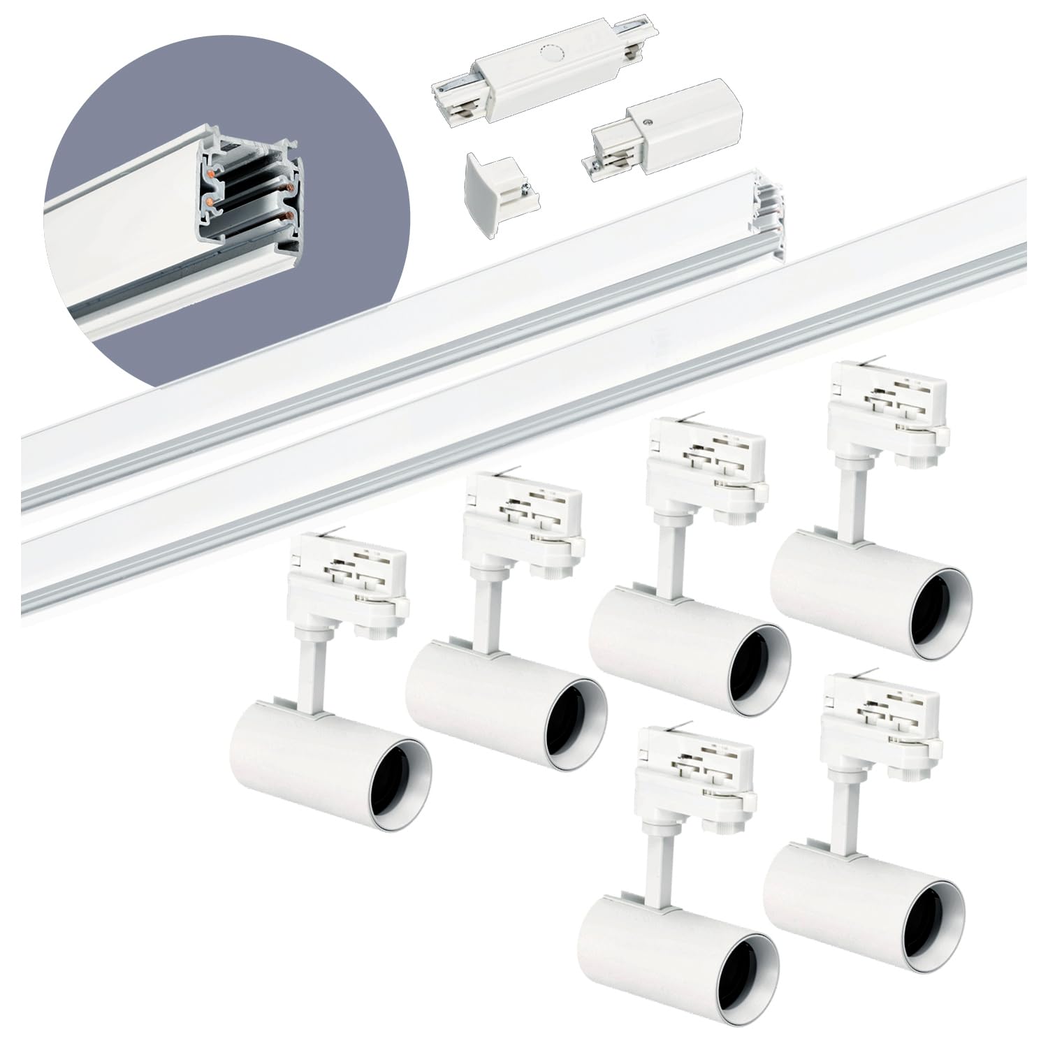 3-Phasen-Schienen-Set NEXTRACK - Schienensystem Komplett-Set mit 6x GU10 Spots und 1m+2m Schiene + Stromversorgung + Kappe + gerader Schalter (Weiß, Schiene 1+2 Meter gerader Stecker)