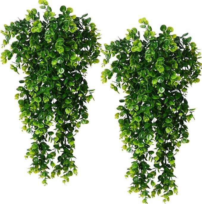 Dekorly 2 PCS Artificial Eucalyptus Leaf Rattan Fake Hanging Plant Faux Greenary Vine Outdoor UV Resistant Plastic Plants for Wedding Party Home Decor