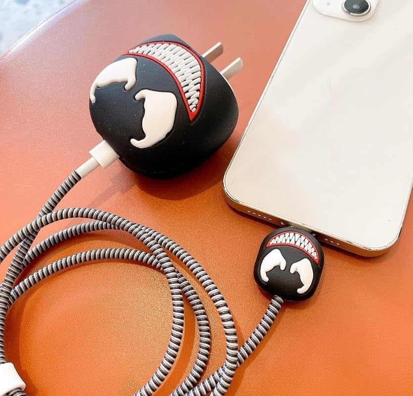 Image of INEFABLE Charger Case Cover Protector with 3D Cute Pattern for iPhone Charger only 18W & 20W, Data Charging Cable Wire Saver Protective Cable Cover Full Protection - Set Of 1 (Black Venom)