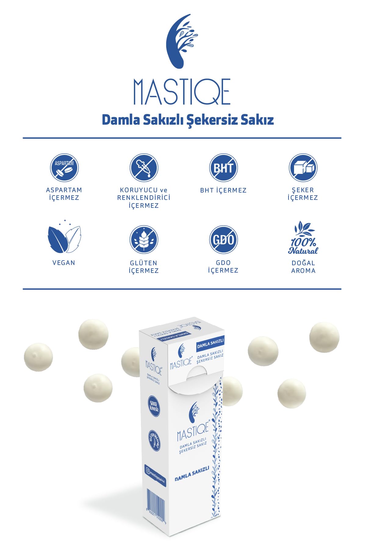 Mastiqe Doğal Aromalı Damla Sakızlı Şekersiz Sakız 20 Grx 12 Adet (Sade)